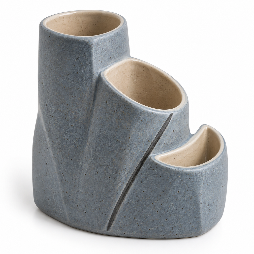 Pot de bureau Triple Niche en grès – 15 cm