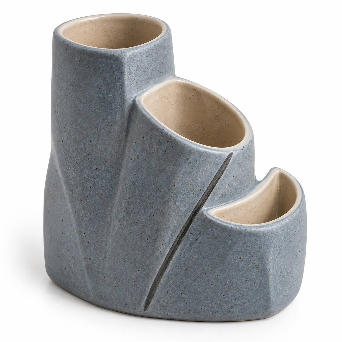 Pot de bureau Triple Niche en grès – 15 cm
