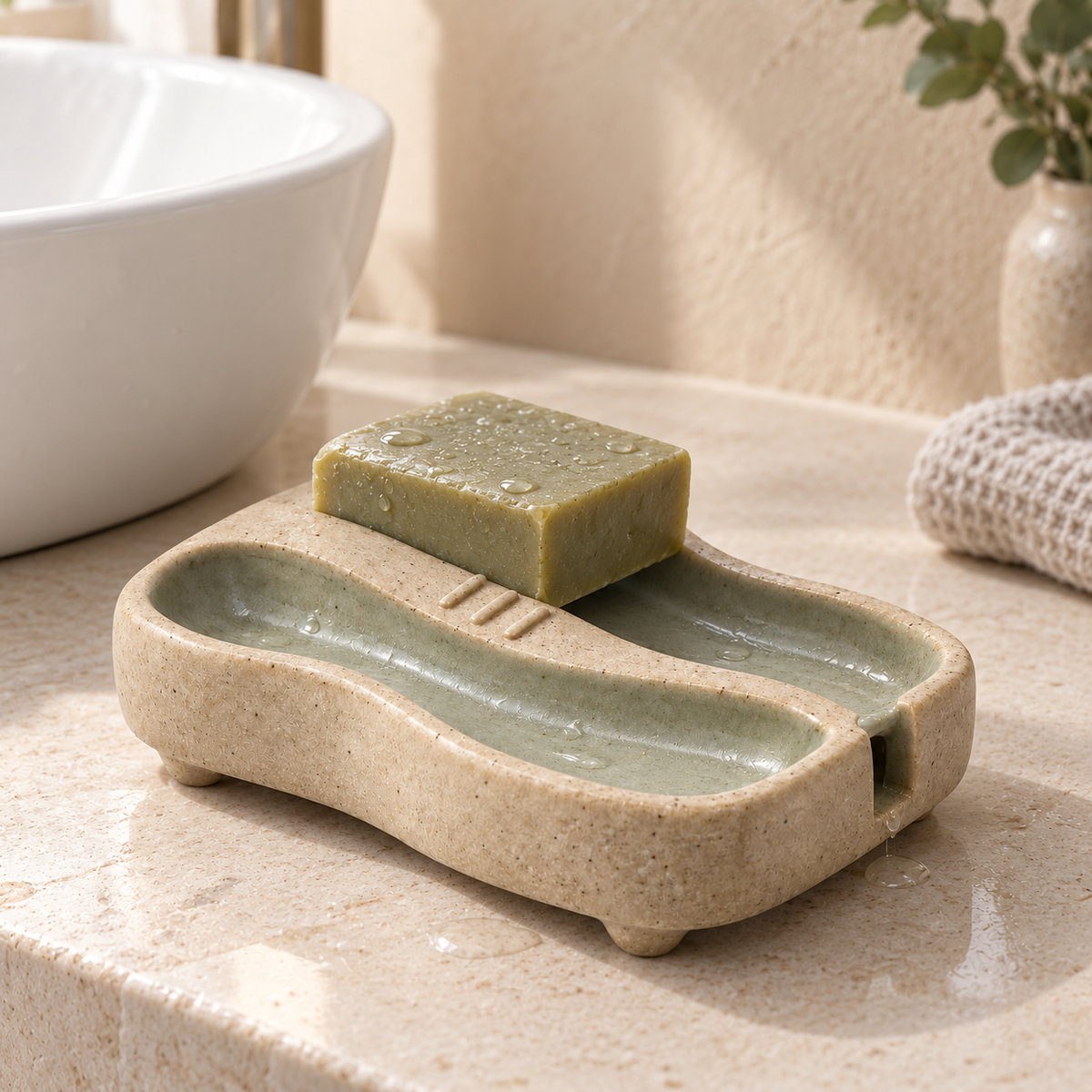 Porte-savon Double Canal en grès – 14 cm