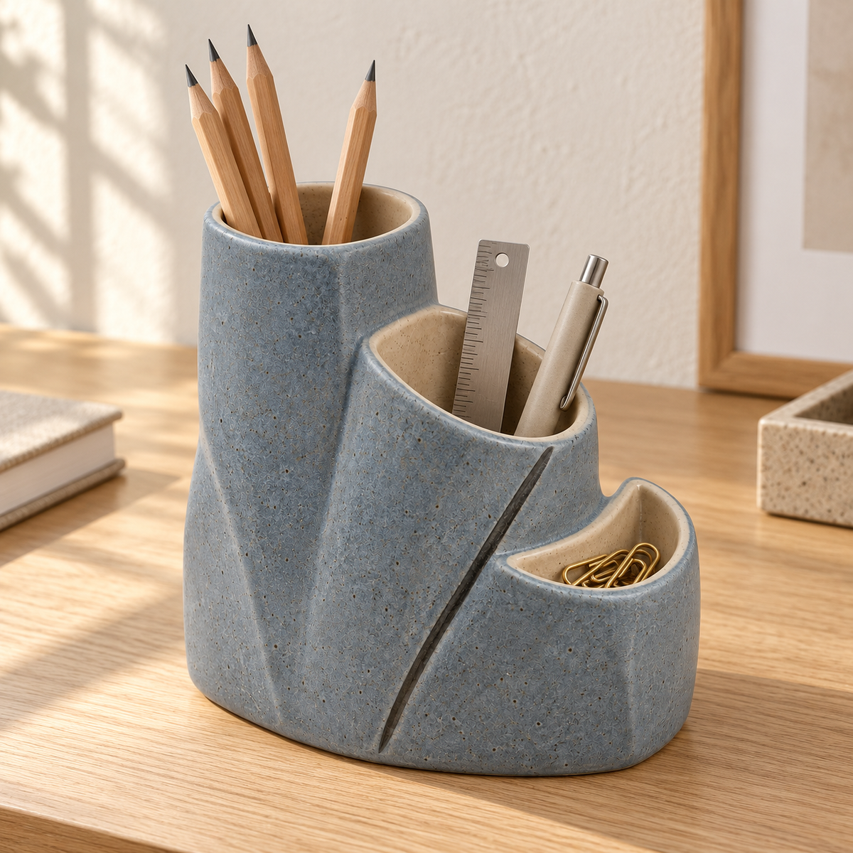 Pot de bureau Triple Niche en grès – 15 cm