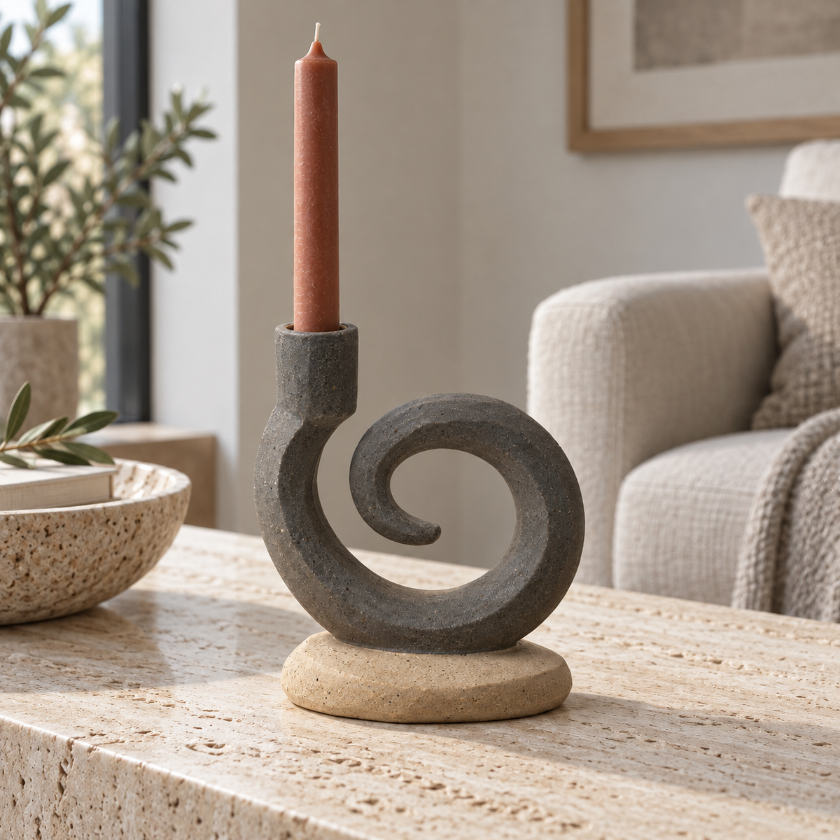 Bougeoir Spirale Décalée en grès – 15 cm