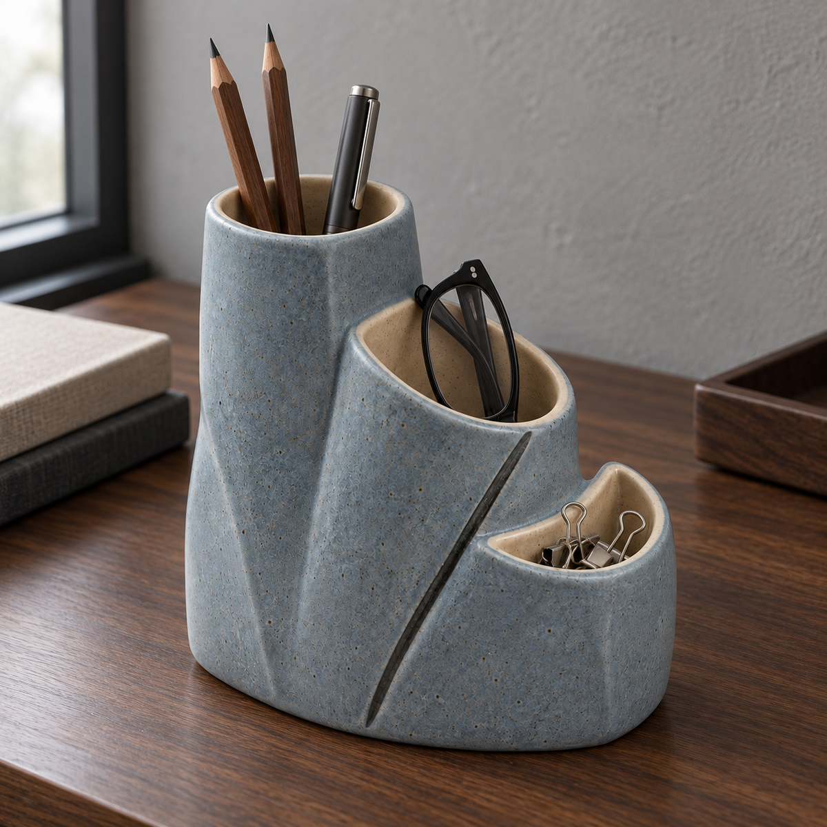 Pot de bureau Triple Niche en grès – 15 cm