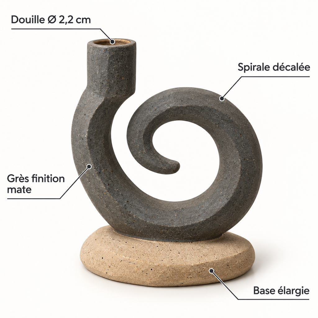 Bougeoir Spirale Décalée en grès – 15 cm