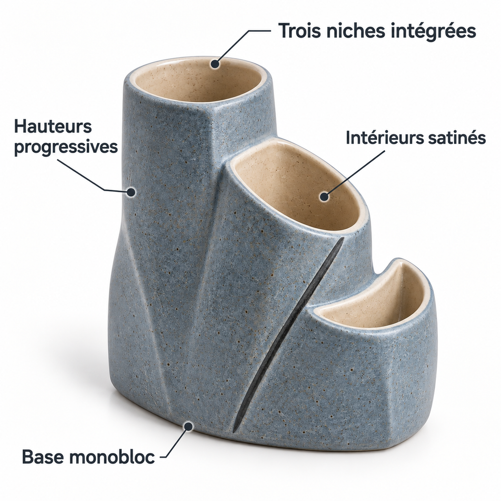 Pot de bureau Triple Niche en grès – 15 cm