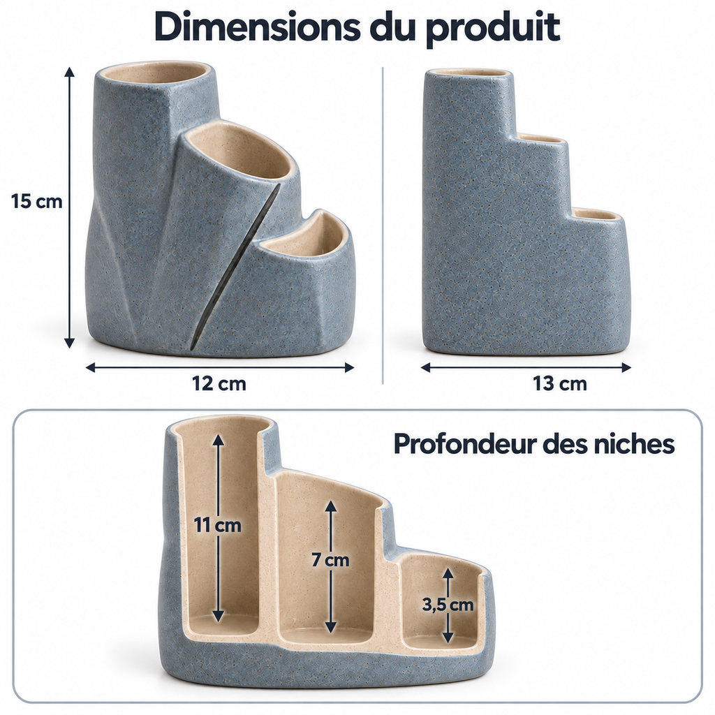 Pot de bureau Triple Niche en grès – 15 cm